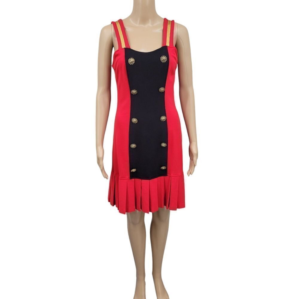 J Harris Vintage Red Black Drop Waist Dress Metal Lion Gold Buttons Pleated